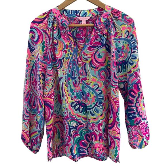Lilly Pulitzer Silk Elsa Top Psychedelic Sunshine Unicorn Size Small - Picture 3 of 10
